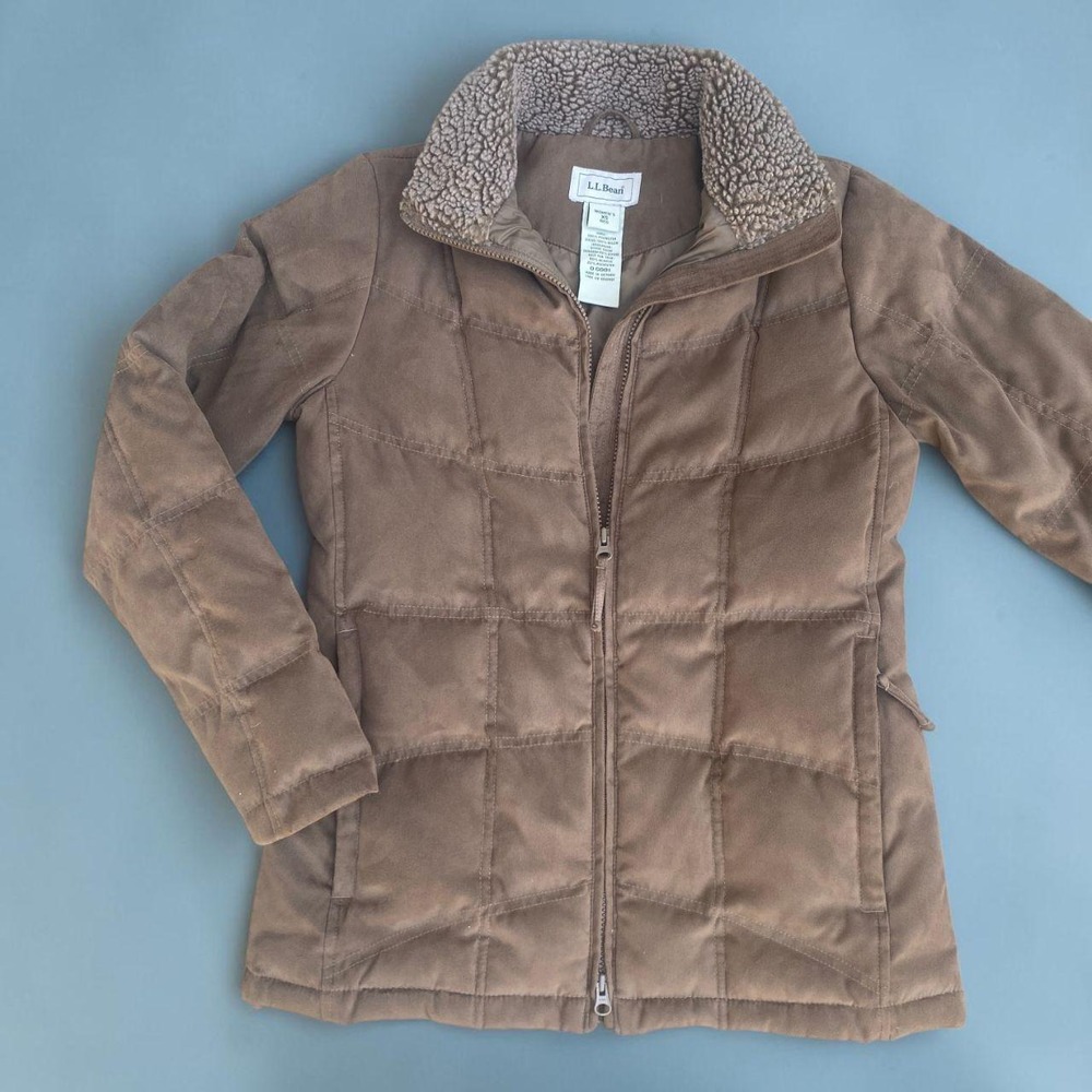 LL Bean Brown Goose Down Quilted Sherpa Collar Puffer Jacket XS